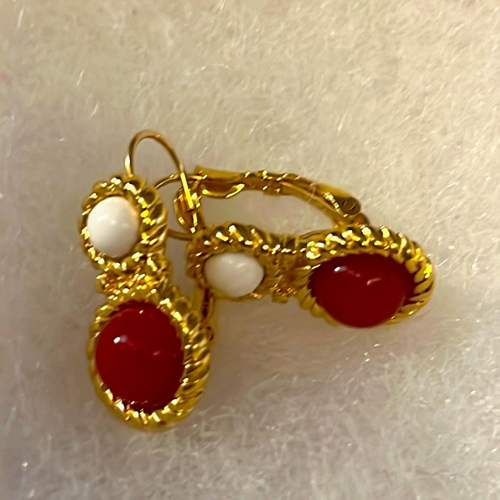 Monet Gold with Red and White Cabochon Pierced Style Earrings NWOT - Picture 3 of 7